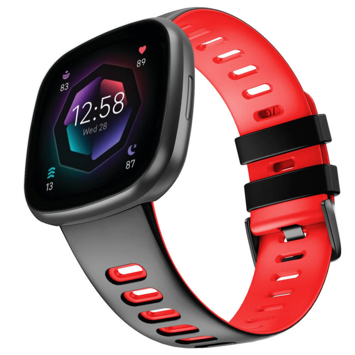 Eine schwarze Smartwatch mit rotem und schwarzem Armband, die Zeit und Gesundheitsdaten anzeigt.