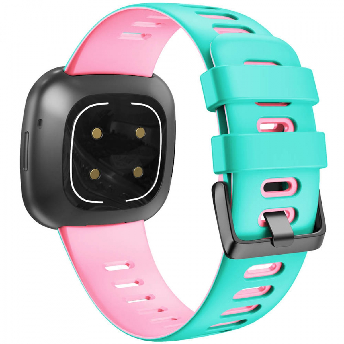 Schwarzer Fitnesstracker mit pinkem und türkisem Band, auf weißem Hintergrund, Sensoren sichtbar.