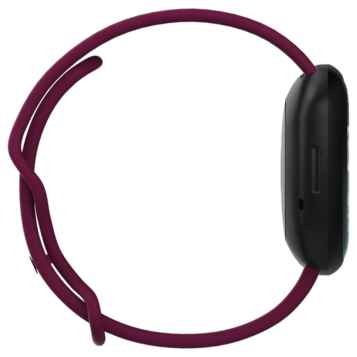 Seitenansicht einer schwarzen Smartwatch mit lila Armband.