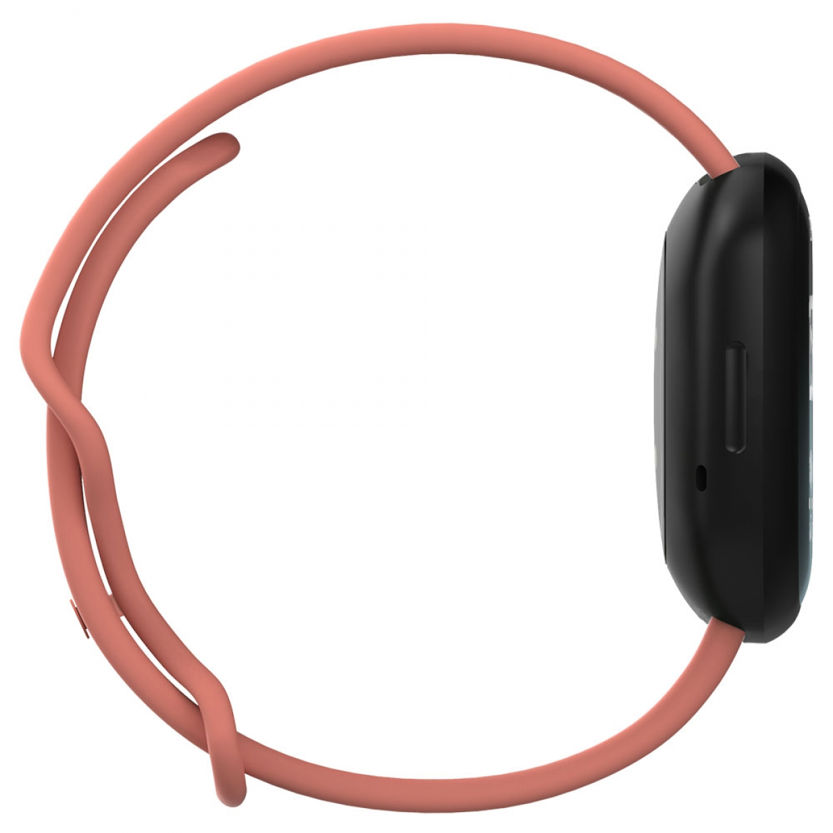 Eine rosa Smartwatch mit schwarzem Bildschirm und rosa Armband.