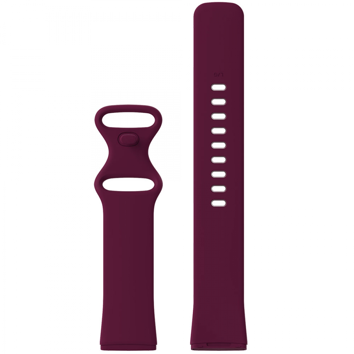 Zwei weinrote Fitbit-Armbänder: eines mit Knopf, das andere mit Löchern.