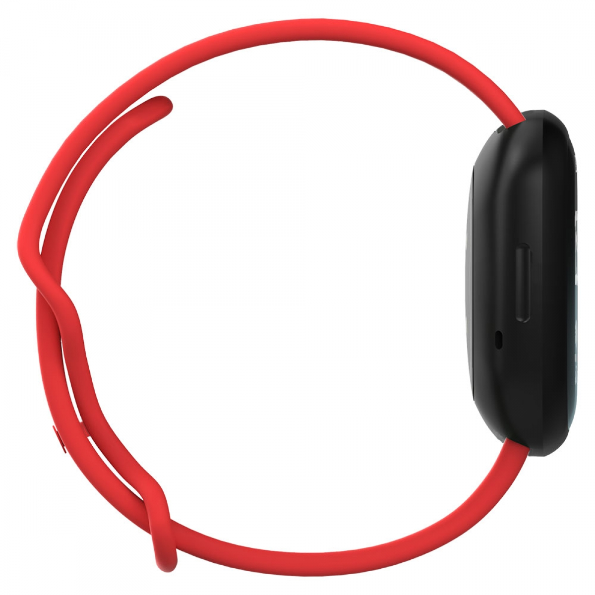 Eine rote Smartwatch mit schwarzem Bildschirm und rotem Armband, von der Seite gesehen.