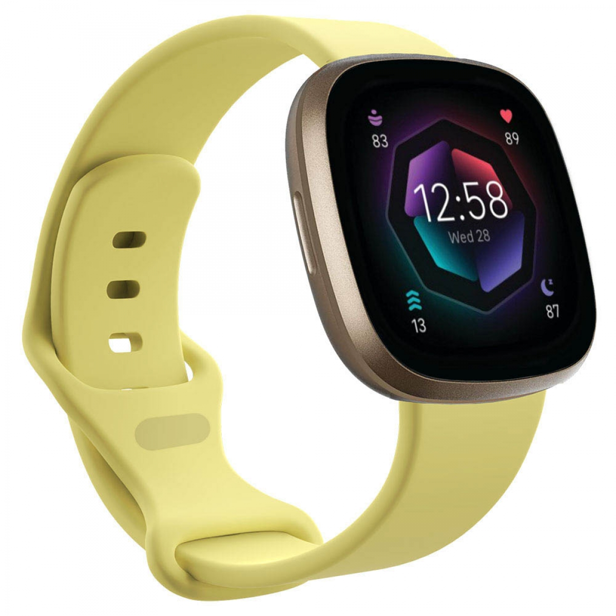 Eine gelbe Smartwatch mit schwarzem Bildschirm, der Zeit und Statistiken anzeigt. Sie hat ein gelbes Armband.