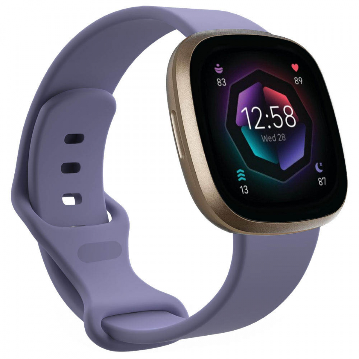 Smartwatch mit goldenem Gehäuse und lila Armband, mit digitalem Bildschirm. Weißer Hintergrund.