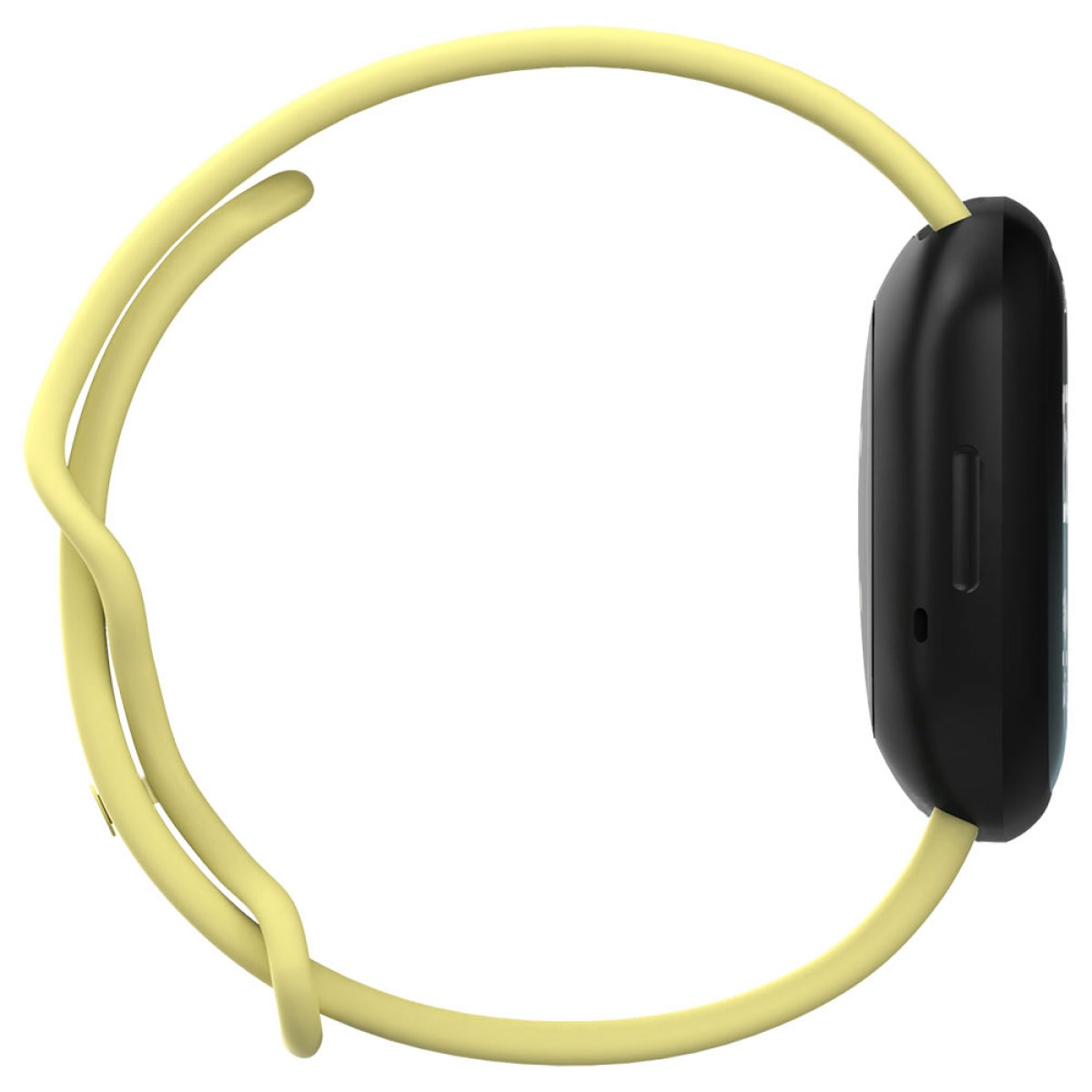 Ein gelbes Uhrenarmband mit schwarzem Zifferblatt, das die Seite mit einem Knopf und dem Armband zeigt.