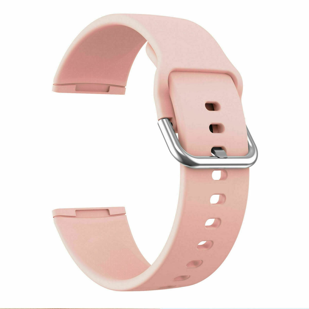 Rosa Uhrenarmband mit silberner Schnalle. Das Armband liegt auf weißem Untergrund.