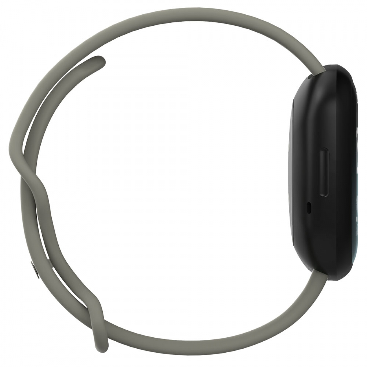 Eine Fitbit-Uhr in Grau mit schwarzem Bildschirm, Seitenansicht. Das Band ist hellgrau.