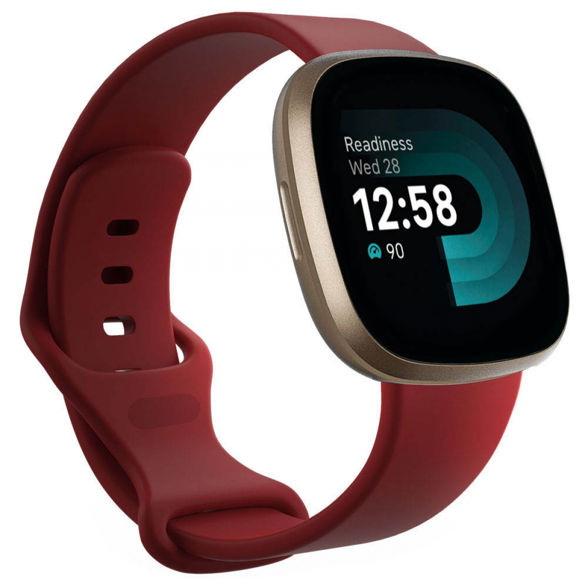 Eine Smartwatch mit rotem Armband, goldenem Rahmen. Zeigt Zeit und Fitnessdaten. Weißer Hintergrund.