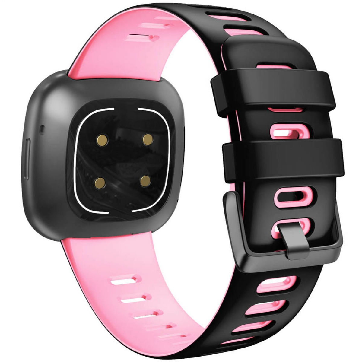 Eine schwarz-rosa Smartwatch mit schwarzem Armband.