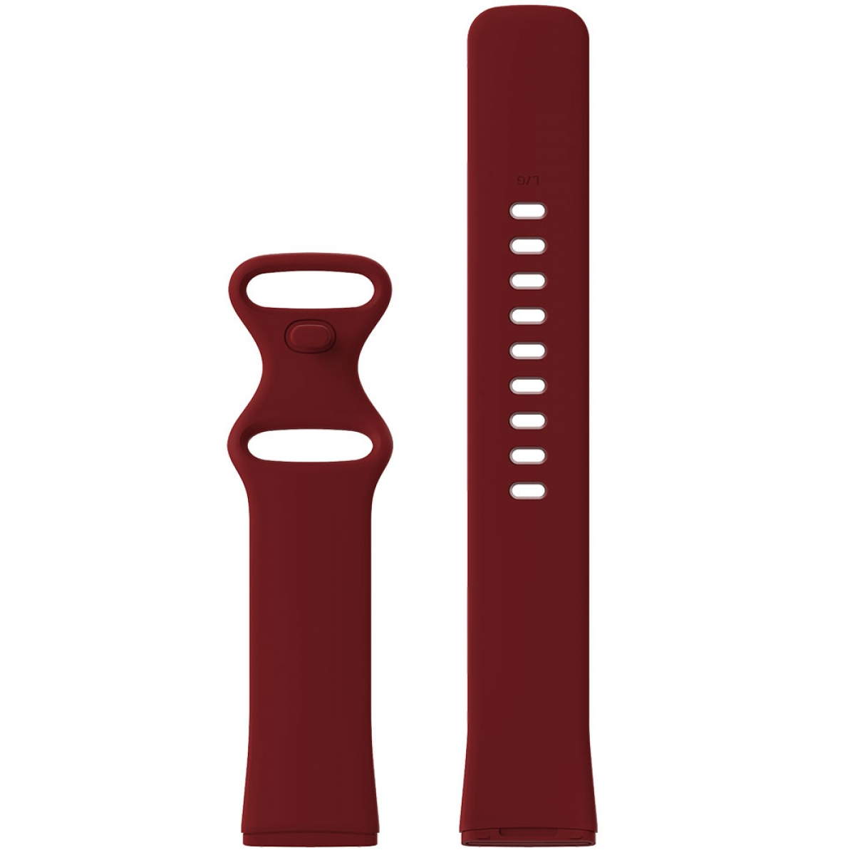 Zwei Teile eines weinroten Smartwatch-Armbands. Eines ist das Band, das andere der Teil zur Uhr.