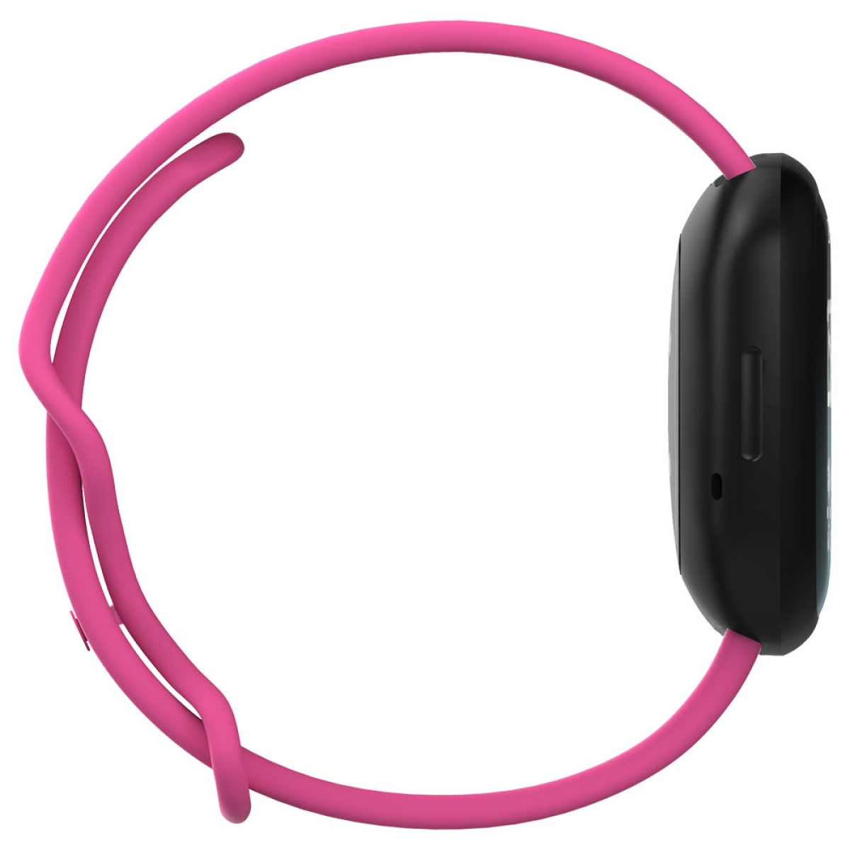 Pinke Smartwatch mit schwarzem Bildschirm und pinkfarbenem Armband.