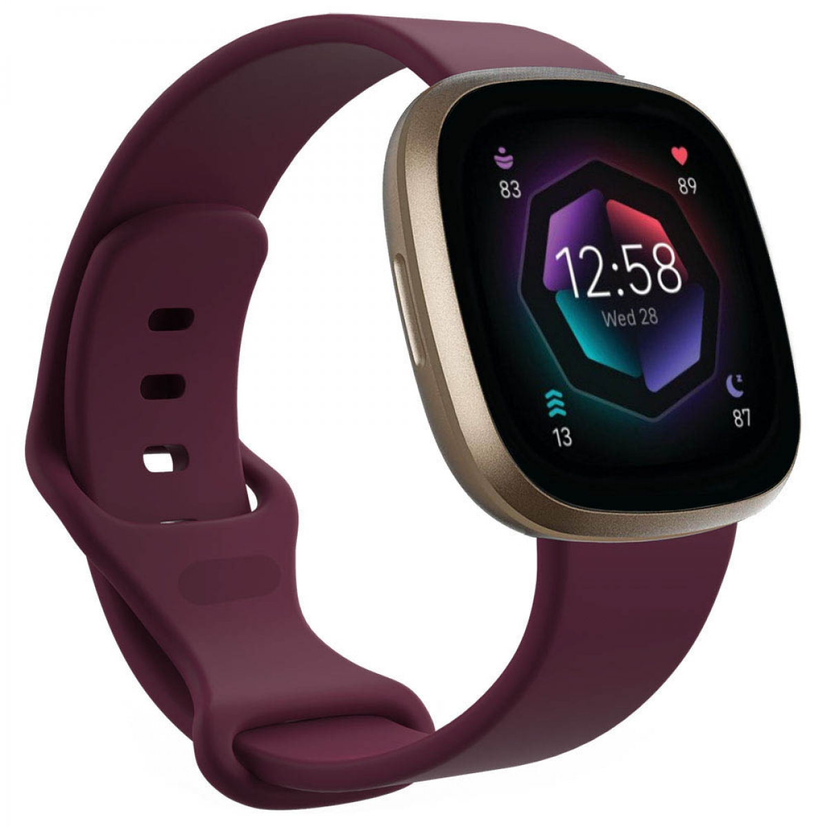 Lila Smartwatch mit goldenem und schwarzem Zifferblatt, zeigt Zeit, Bereitschaft und Gesundheitsmetriken.