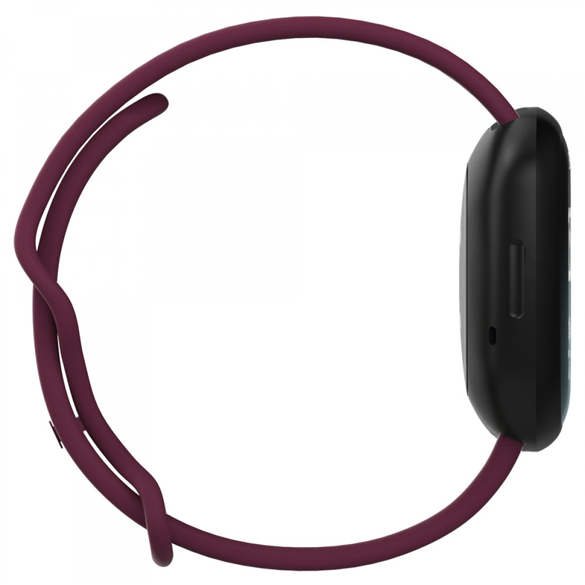Eine schwarze Smartwatch mit burgunderfarbenem Armband wird von der Seite vor weißem Hintergrund gezeigt.