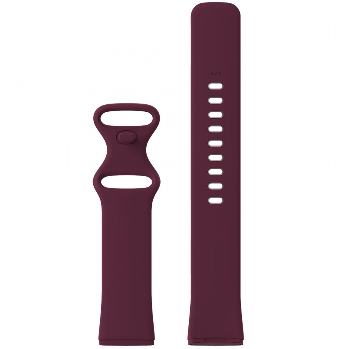 Zwei weinrote Armbänder. Das obere hat Löcher, das untere einen Knopf.