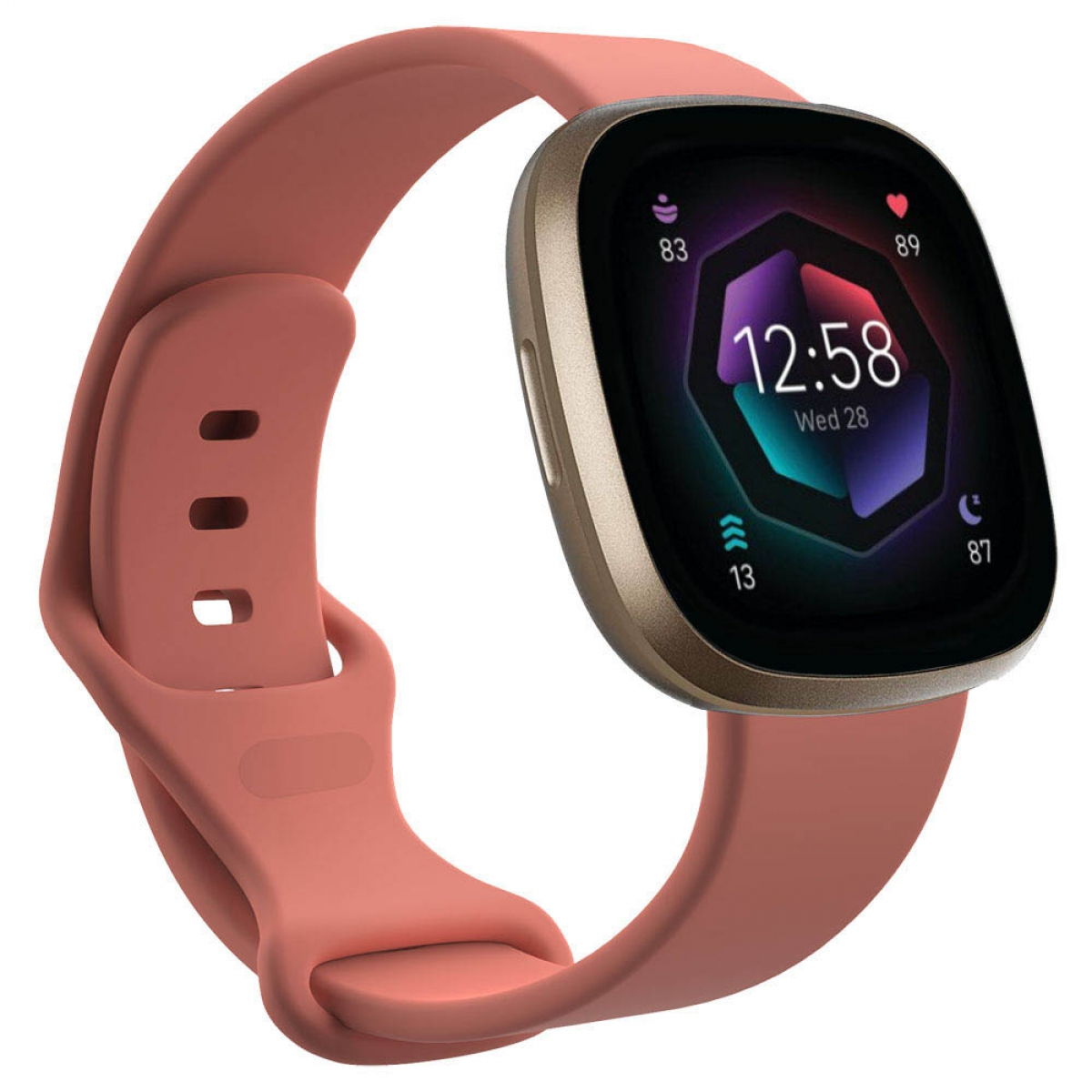 Smartwatch mit rosa Armband, zeigt Zeit und Aktivitätsmetriken.