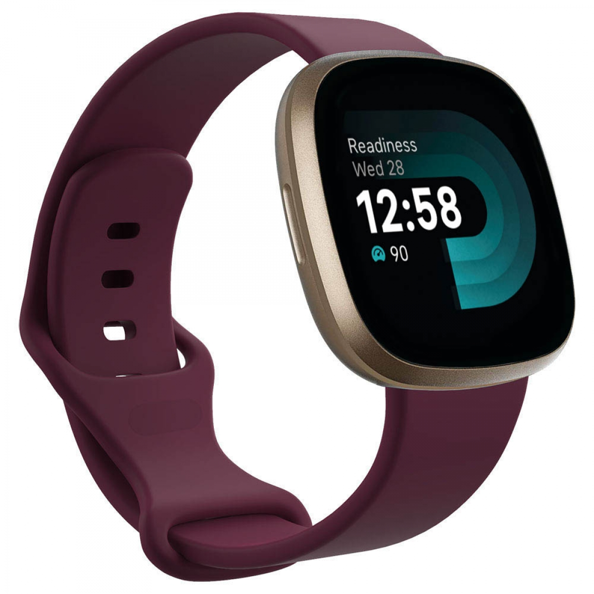 Burgunderfarbene Smartwatch mit Burgunderfarbenem Armband und goldfarbenem Rahmen.