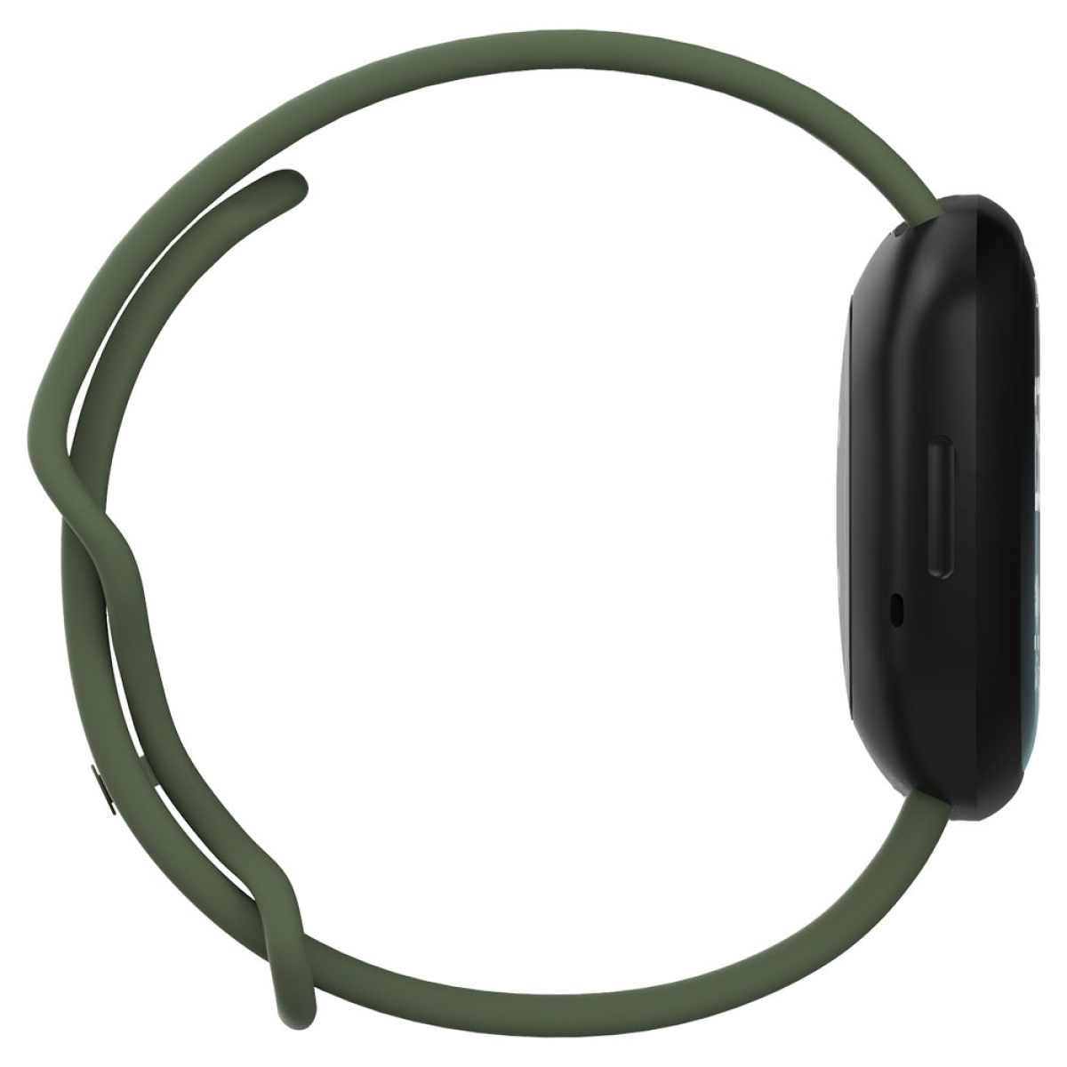 Smartwatch mit schwarzem Bildschirm und grünem Armband. Die Uhr wird von der Seite gesehen.