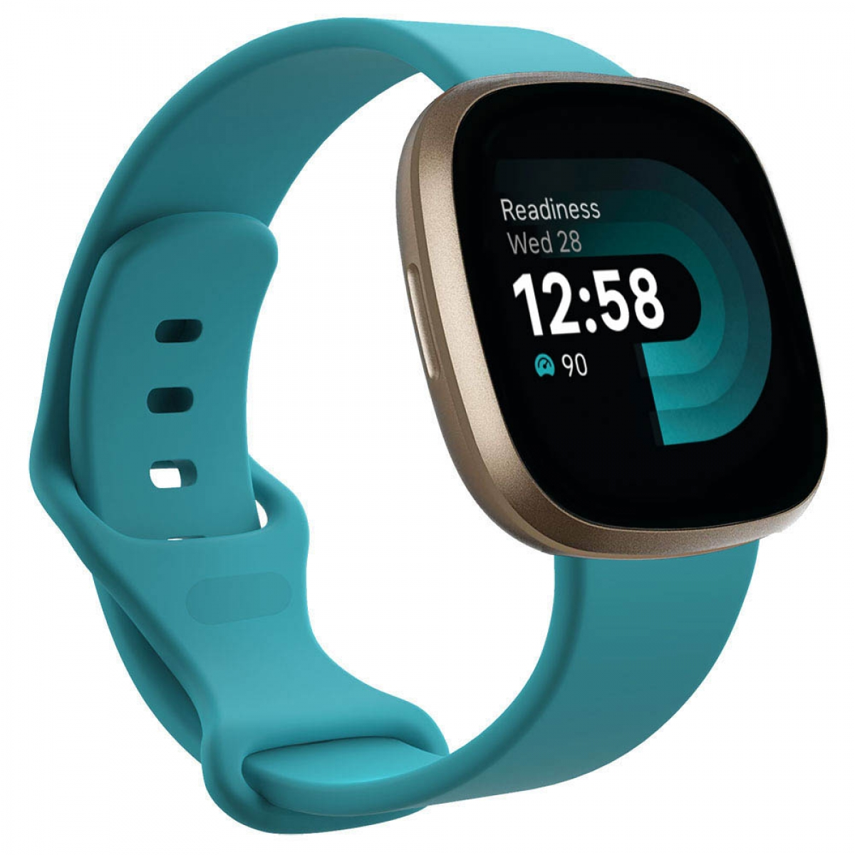 Eine türkisfarbene Smartwatch mit goldenem Rahmen. Der Bildschirm zeigt Zeit und Gesundheitsmetriken an.