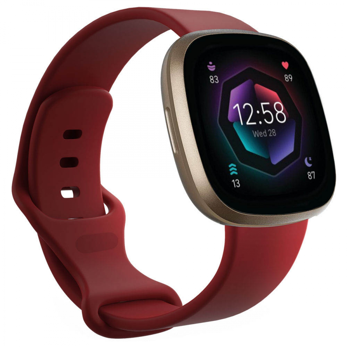 Eine Smartwatch mit rotem Armband, zeigt Zeit und Metriken.