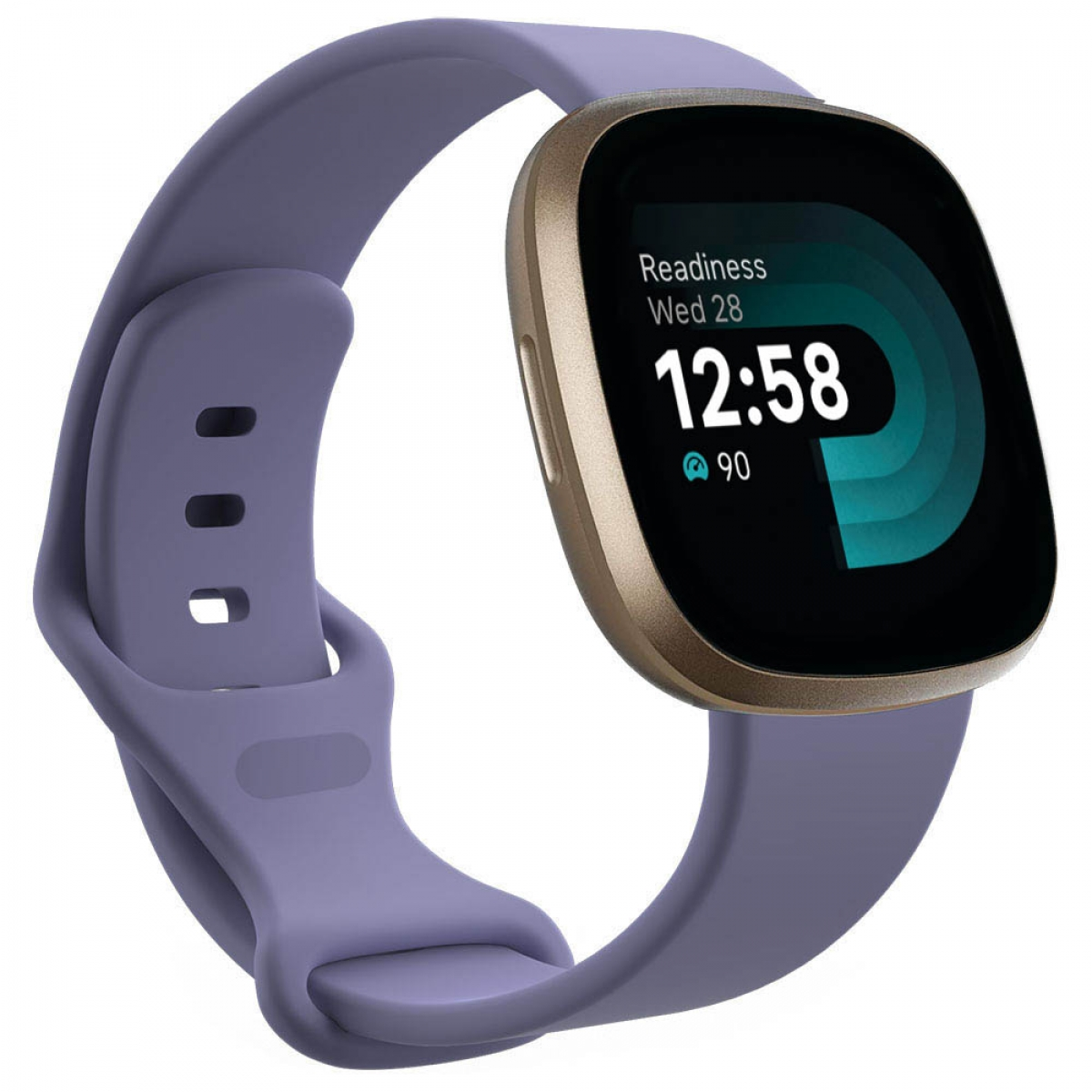 Eine lila Fitbit Smartwatch mit goldener Lünette und lila Armband.