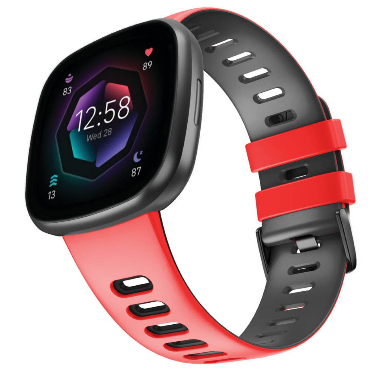 Schwarz-rote Smartwatch mit digitaler Anzeige, die Zeit und Gesundheitsmetriken zeigt.