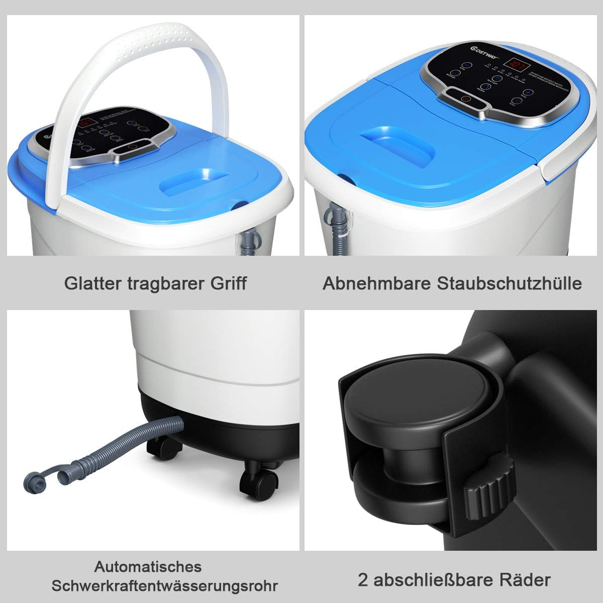 Vier Bilder, die ein Fußbad mit blauem Deckel, Rädern und Griff zeigen. Texte auf Deutsch.