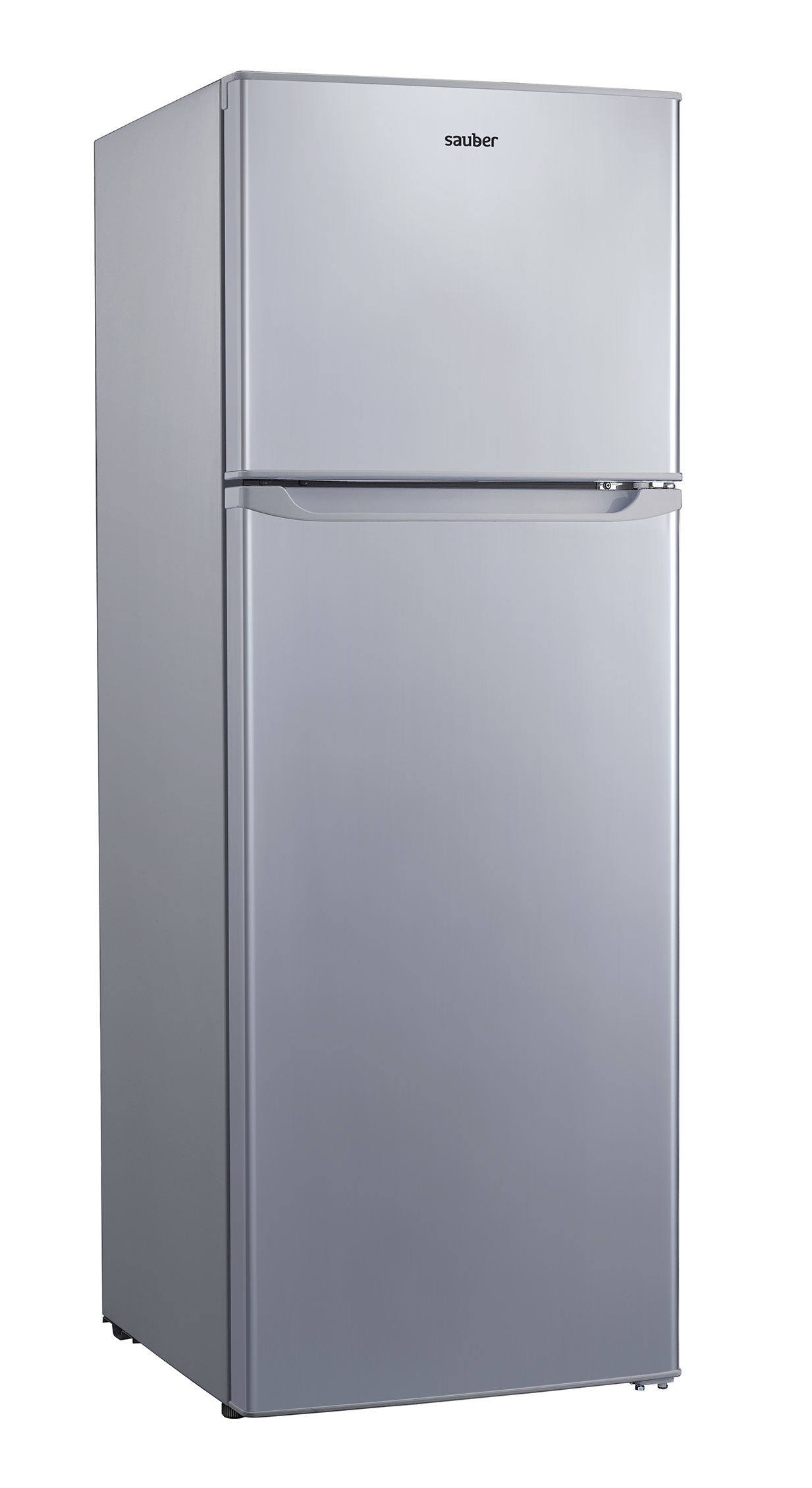 Refrigerador plateado con sección superior e inferior, sobre fondo blanco.