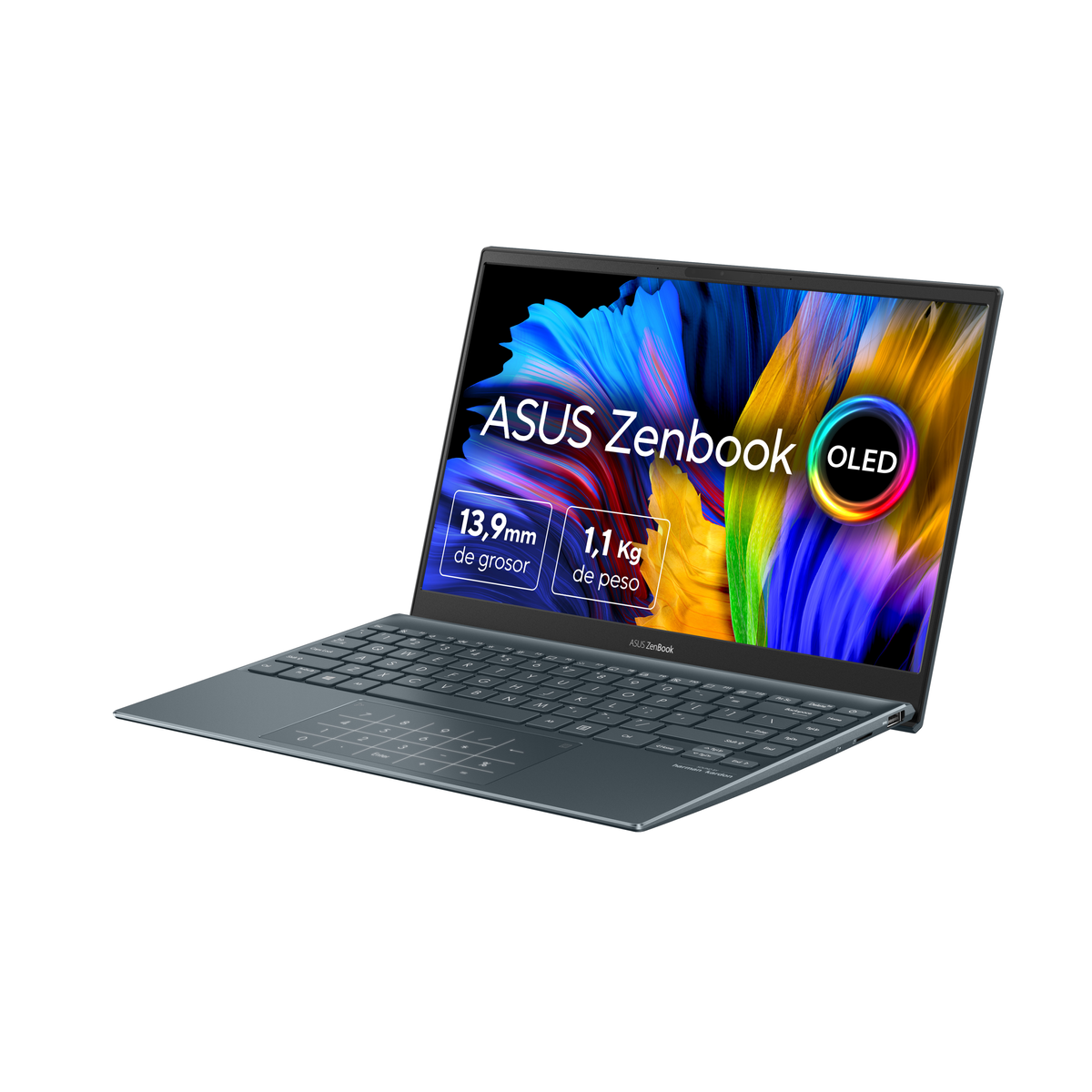 ASUS Zenbook OLED Laptop, offen. Bildschirm zeigt Text und farbiges Bild. Türkis. Weißer Hintergrund.