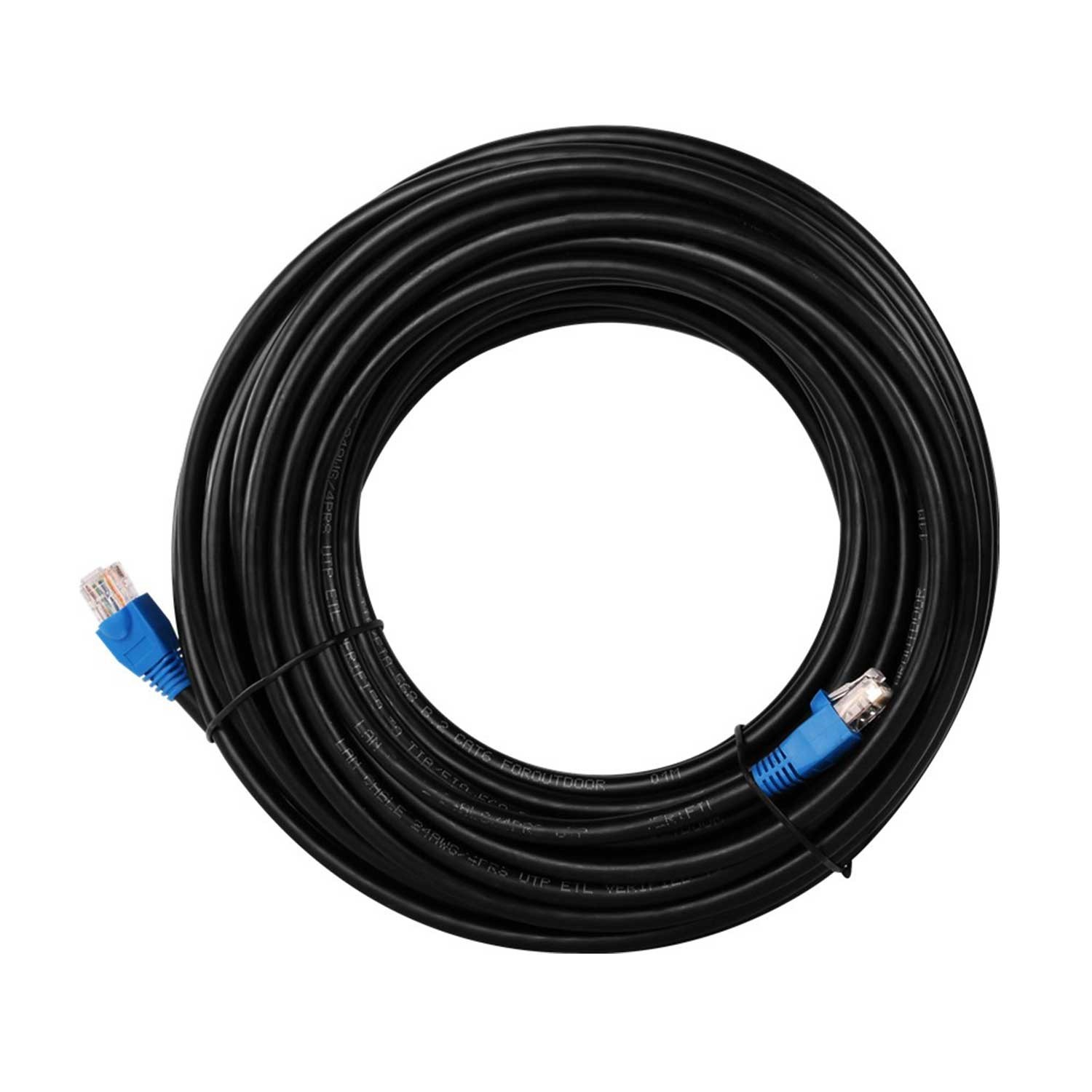 Cavo Ethernet nero avvolto con due connettori blu.