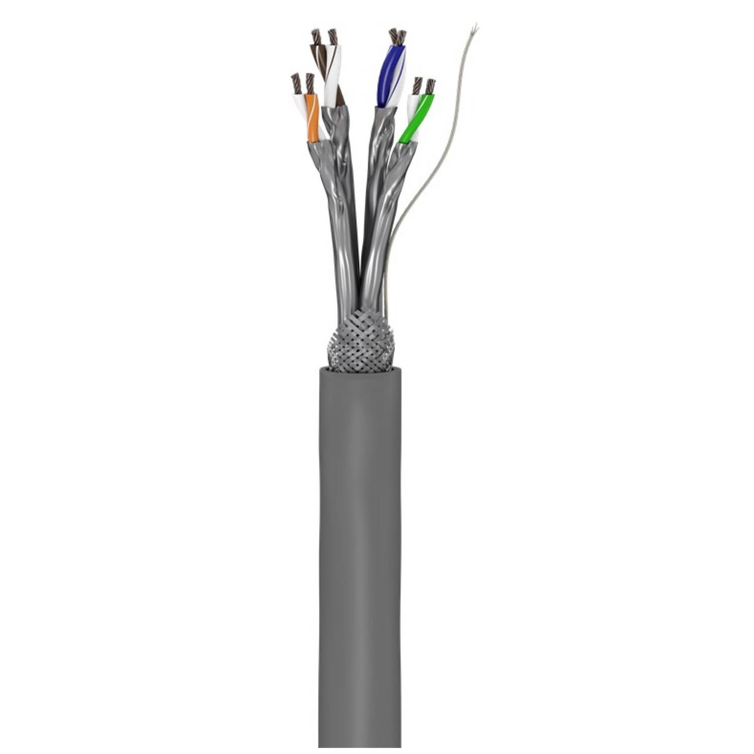 Graues Kabel mit mehreren farbigen Drähten, die sich vom Ende aus erstrecken. Weißer Hintergrund.