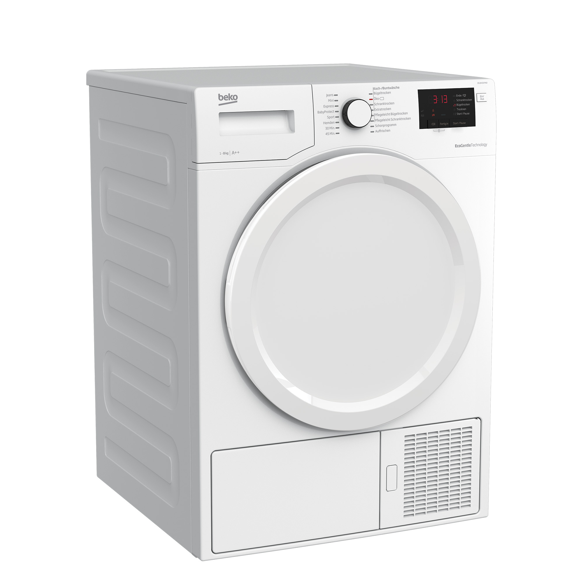 Weiße Beko Trocknermaschine. Sie hat eine kreisförmige Tür, Digitalanzeige und Drehknopf.