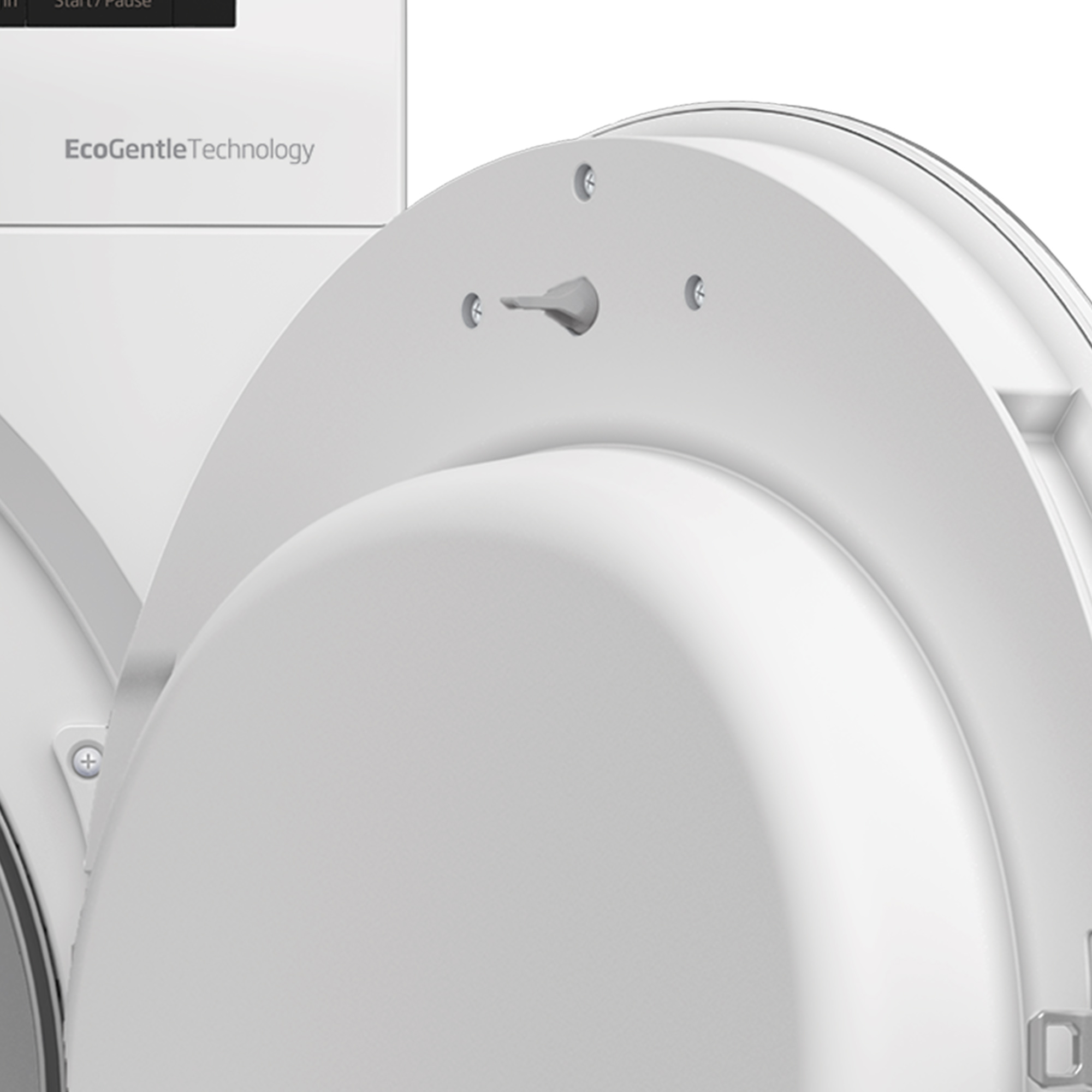 Nahaufnahme einer weißen Waschmaschinentür und dem EcoGentleTechnology Label.
