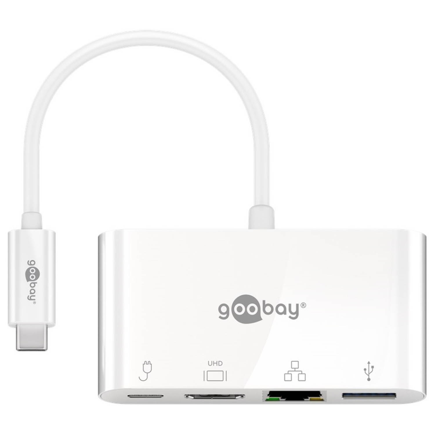 Weißer Adapter mit USB-C-Anschluss und mehreren Anschlüssen.