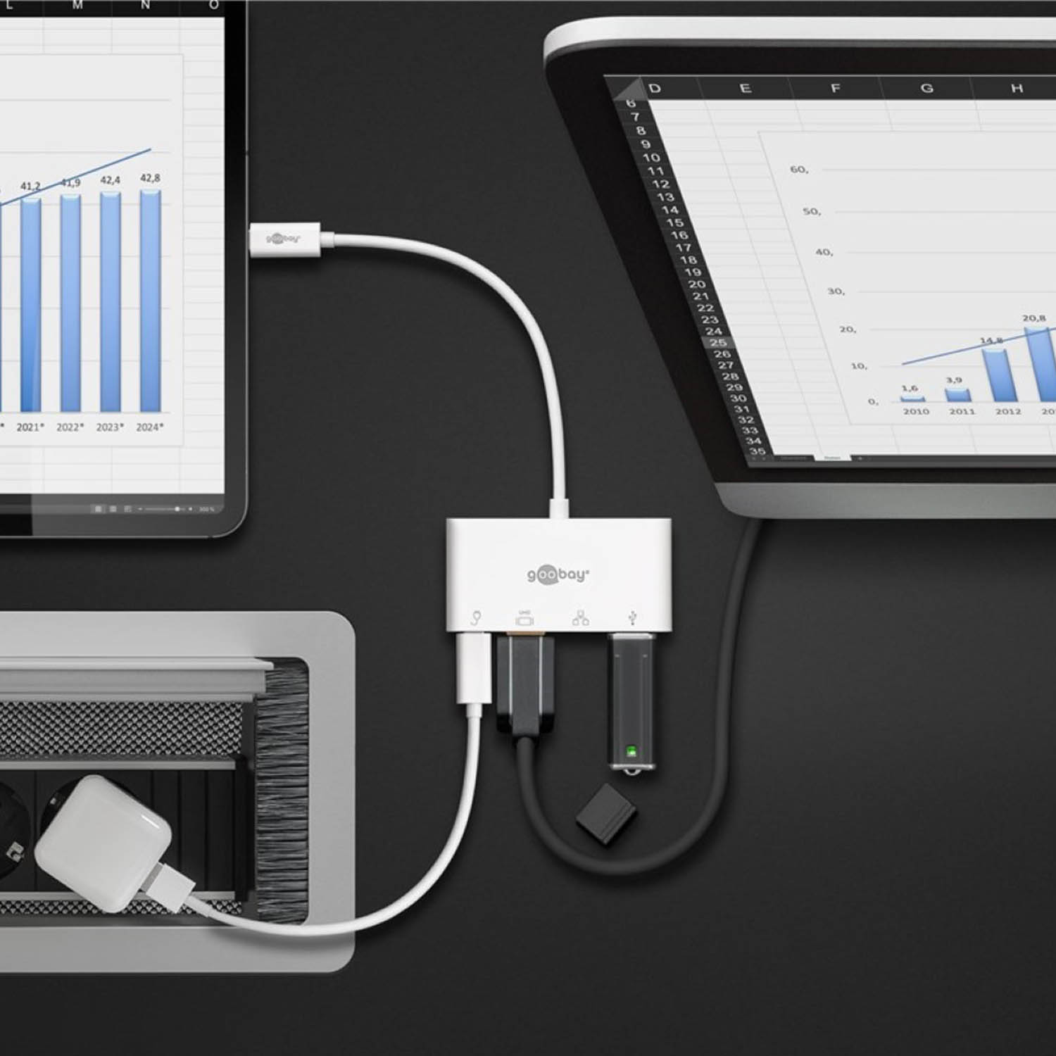 Ein Laptop, Tablet und USB-Hub mit mehreren Kabeln, mit Diagrammen auf den Bildschirmen.