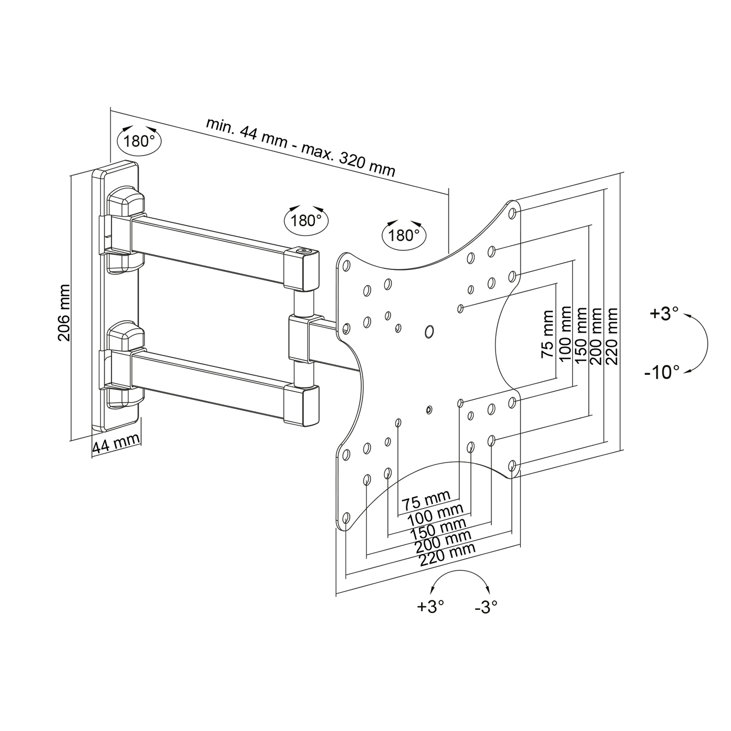 Diagramm einer TV-Wandhalterung mit Maßen und Winkeln.