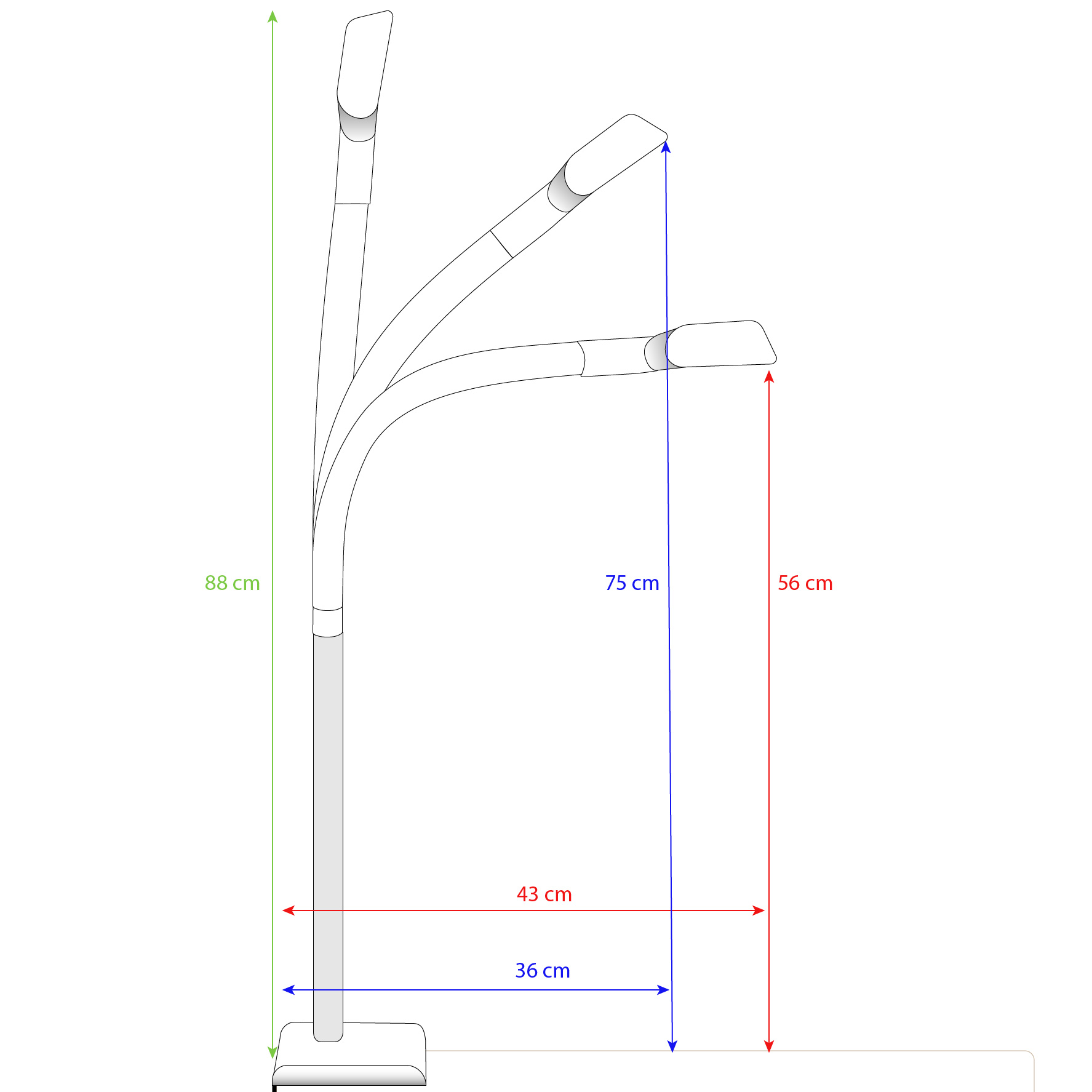 Diagramm einer Stehlampe mit Maßen: 88cm, 75cm, 56cm, 43cm, 36cm.