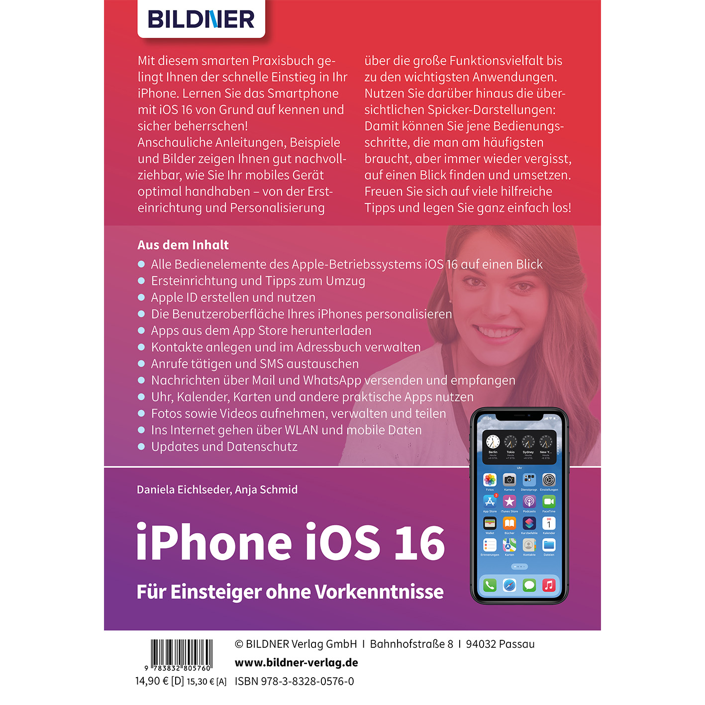 Buchcover, weißer Hintergrund. Text und Bilder auf dem Cover eines iPhone-Ratgebers.