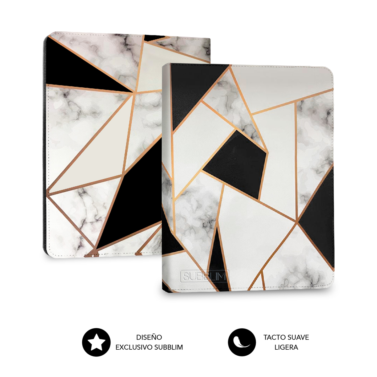 Dos fundas para tablet, patrón geométrico. Efecto mármol, líneas negras y doradas.