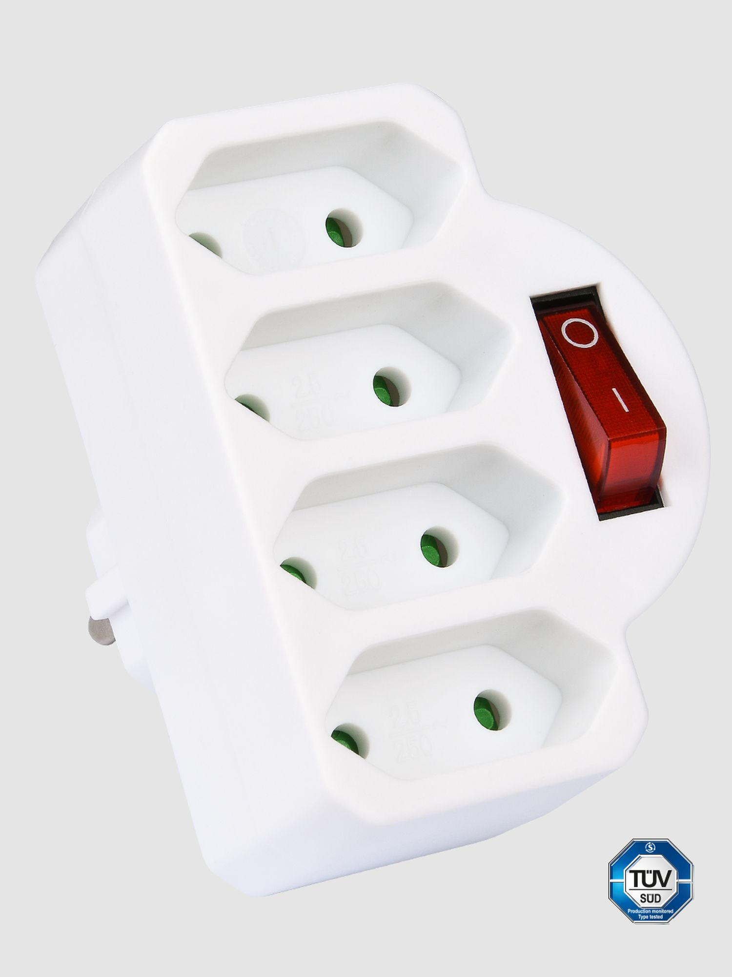 Ein weißer Netzadapter mit vier Steckdosen und einem roten Ein/Aus-Schalter.