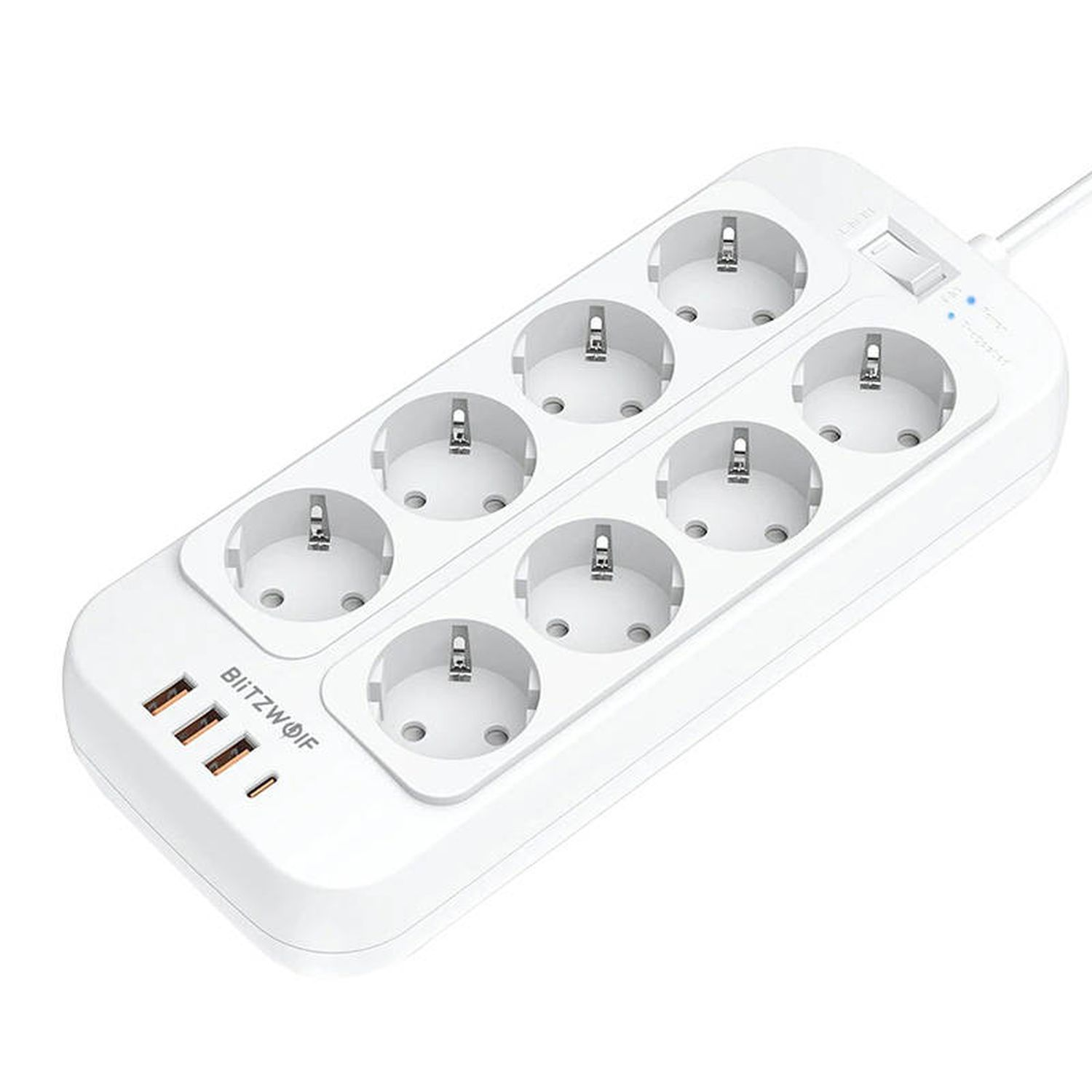 Eine weiße Steckdosenleiste mit mehreren Steckdosen und USB-Anschlüssen, von oben betrachtet.