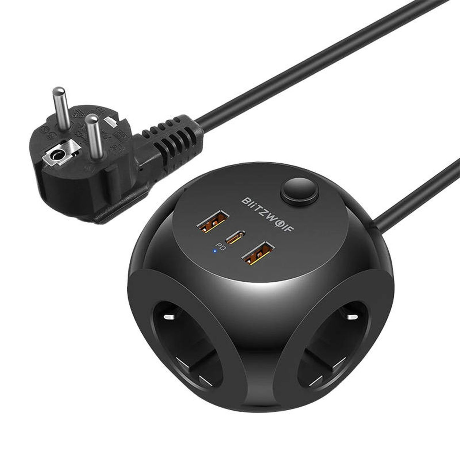 Schwarzer Netzadapter mit USB-Anschlüssen und Steckdosen. Hat ein schwarzes Kabel. Weißer Hintergrund.