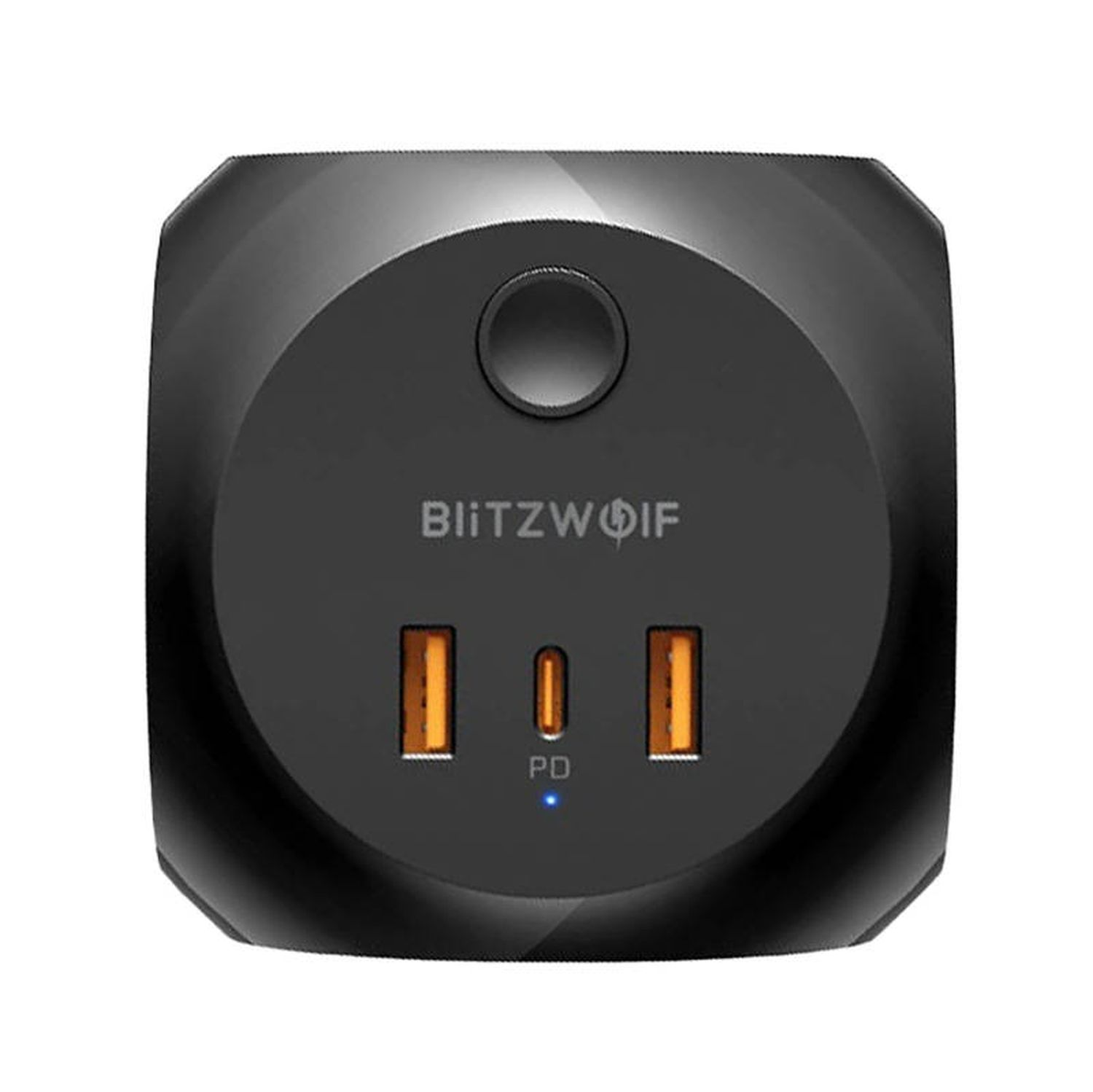 Schwarzes Blitzwolf USB-Ladegerät. Zwei USB-A-Anschlüsse und ein USB-C-Anschluss, mit 'PD' und blauem Licht.