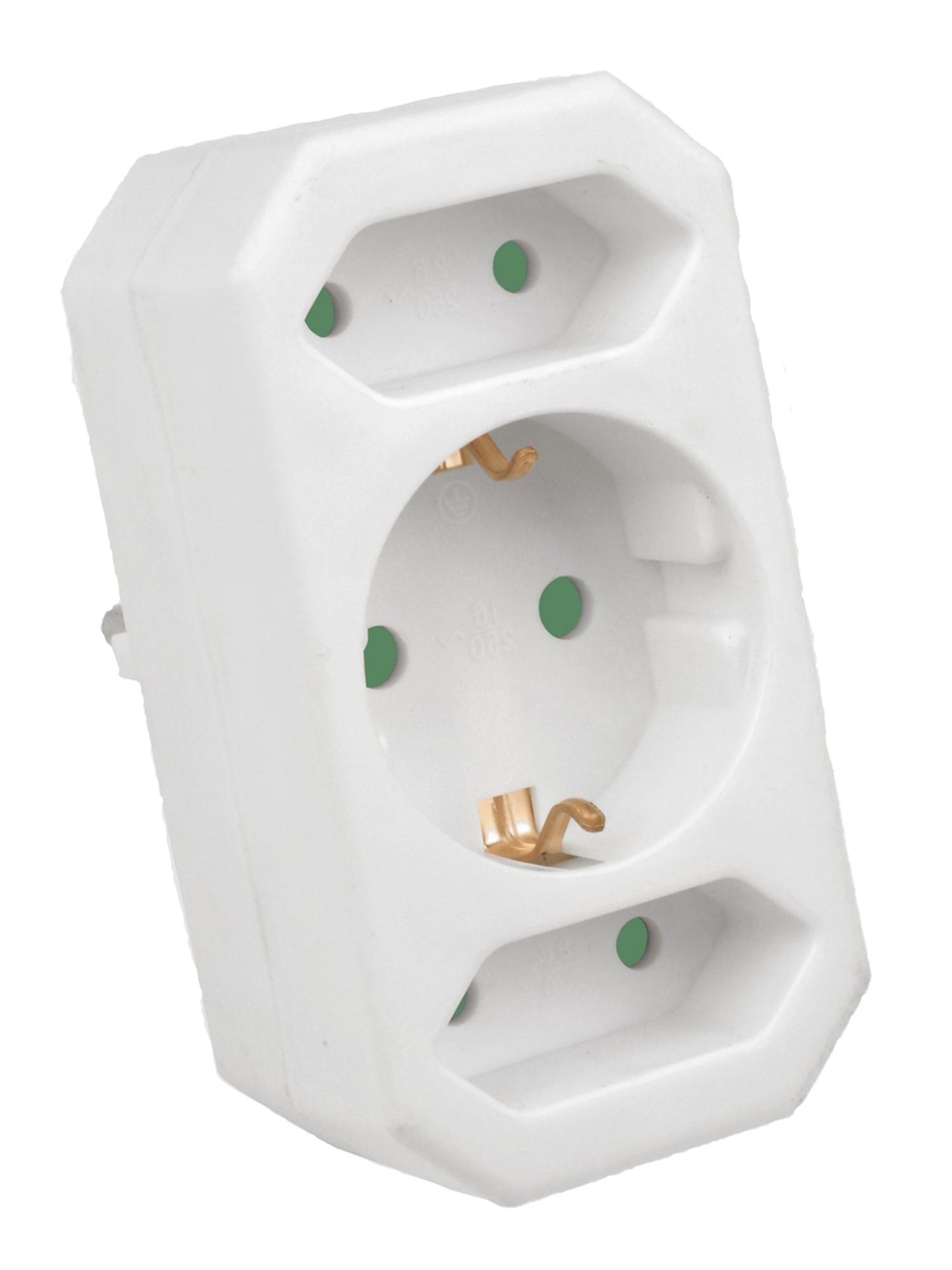 Adattatore elettrico bianco con tre prese. Ha due prese rotonde e una rettangolare.
