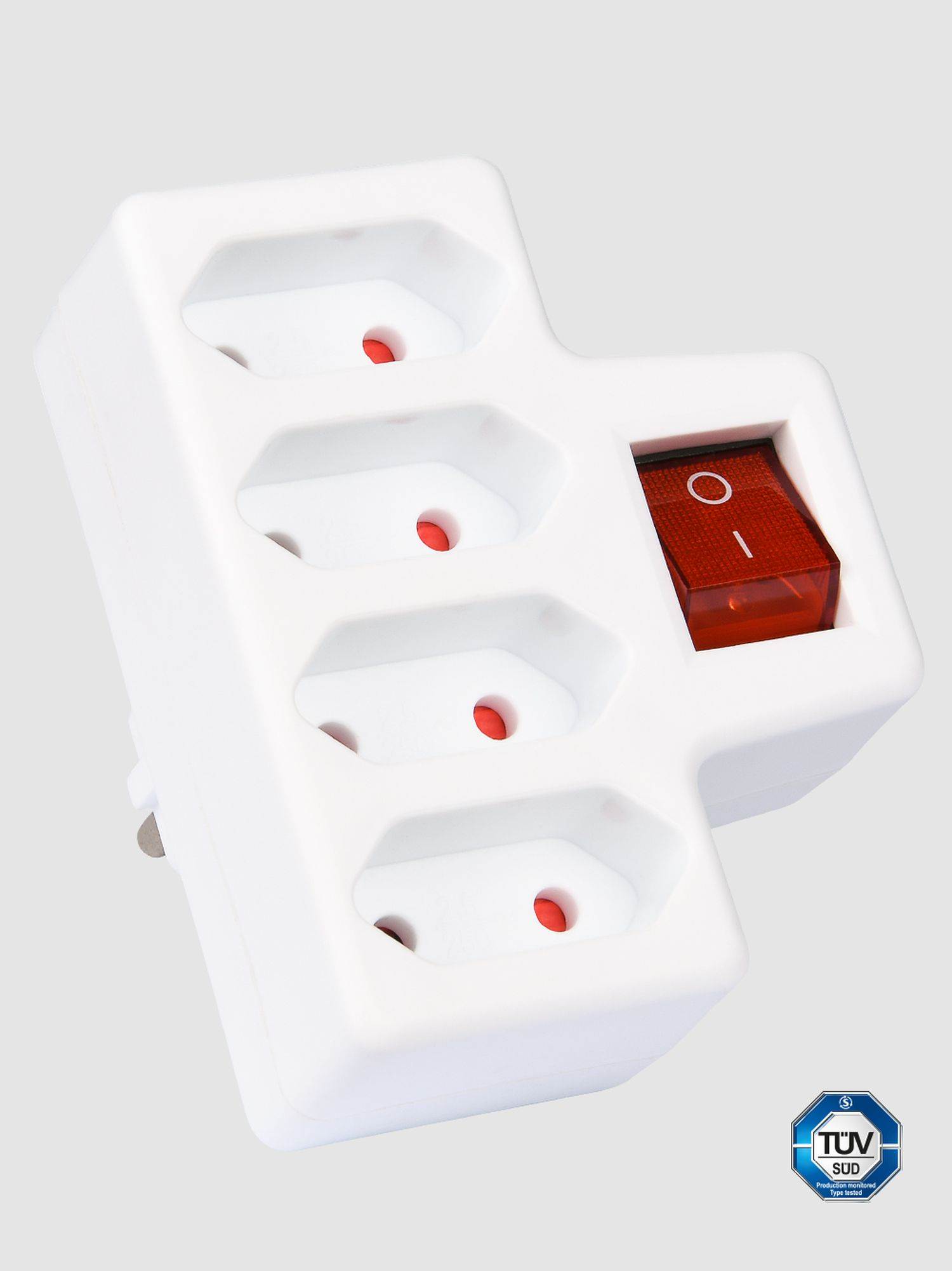 Weißer Steckdosenadapter mit rotem Schalter und drei Steckdosen.