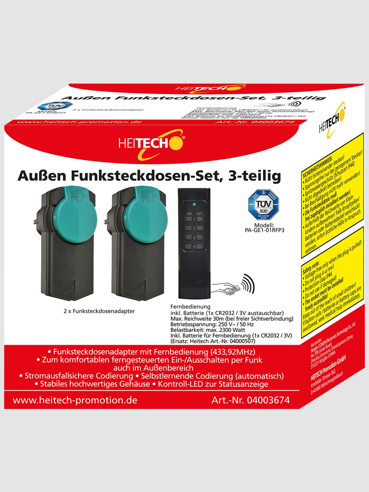 Box-Set mit intelligenten Outdoor-Steckern mit Fernbedienung, das zwei Stecker und eine Fernbedienung zeigt.
