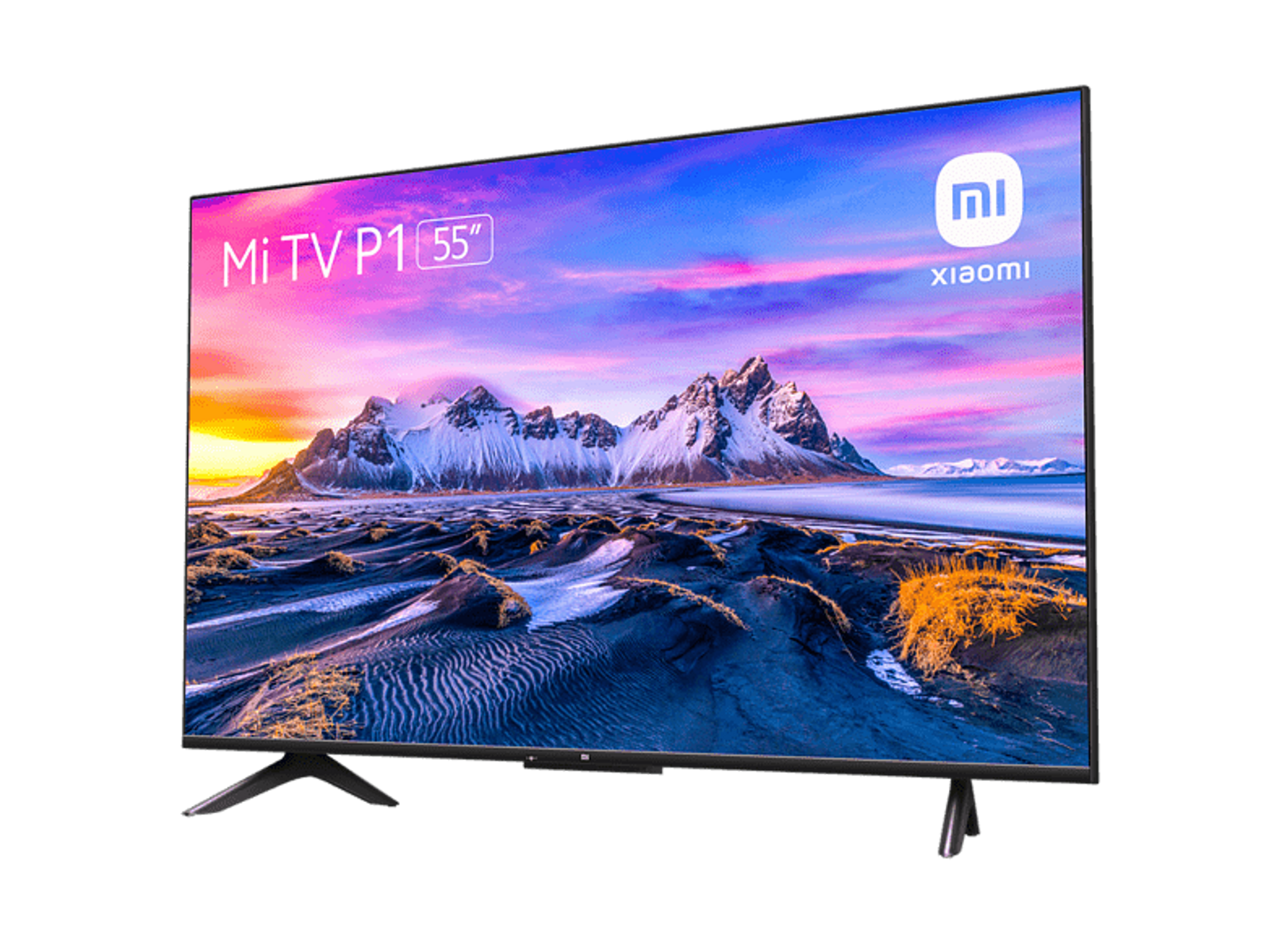 Televisor Mi TV P1 grande. La pantalla muestra un paisaje escénico.