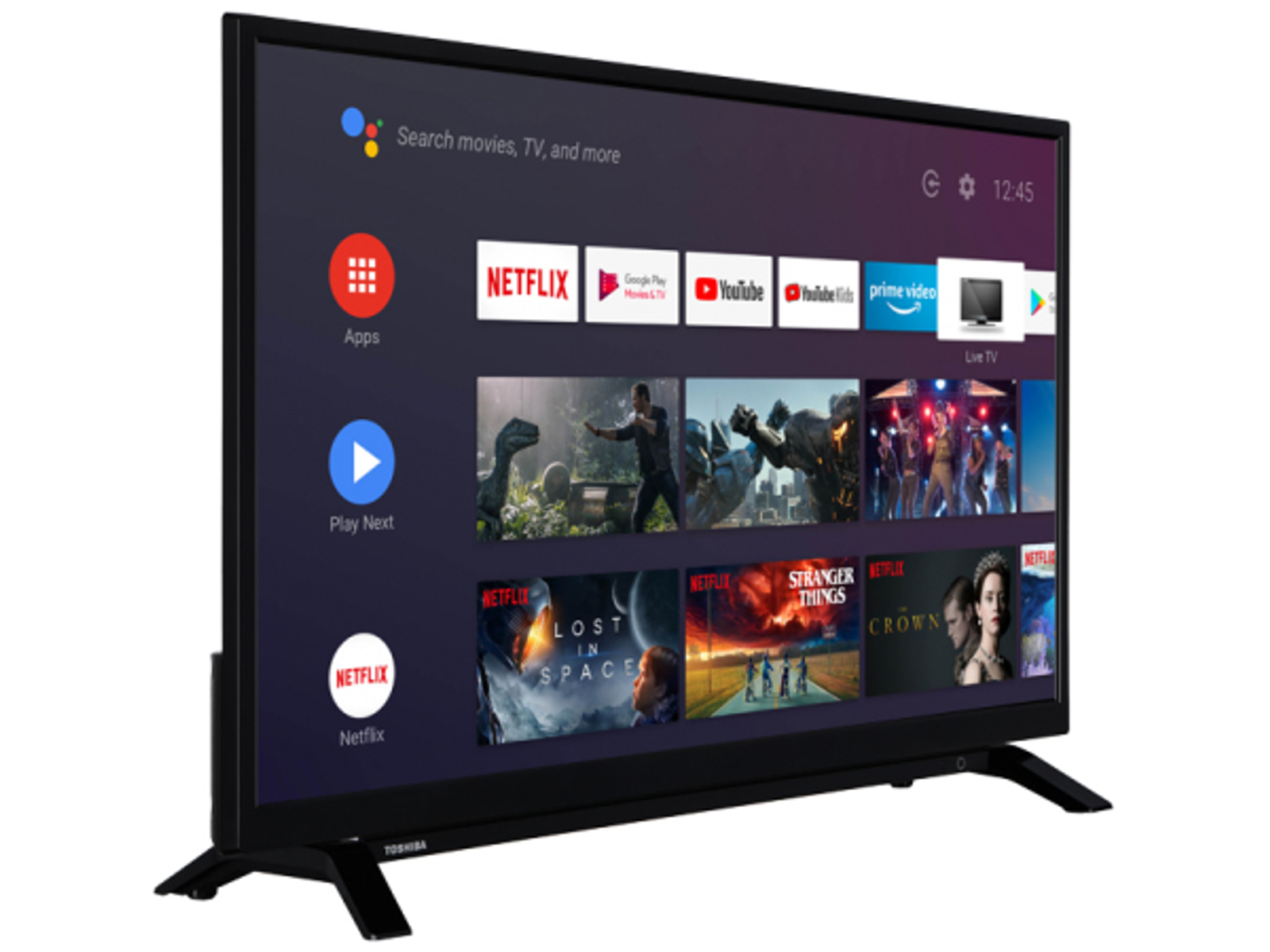 TV Toshiba nero con app sullo schermo. Sfondo bianco, vista angolata.