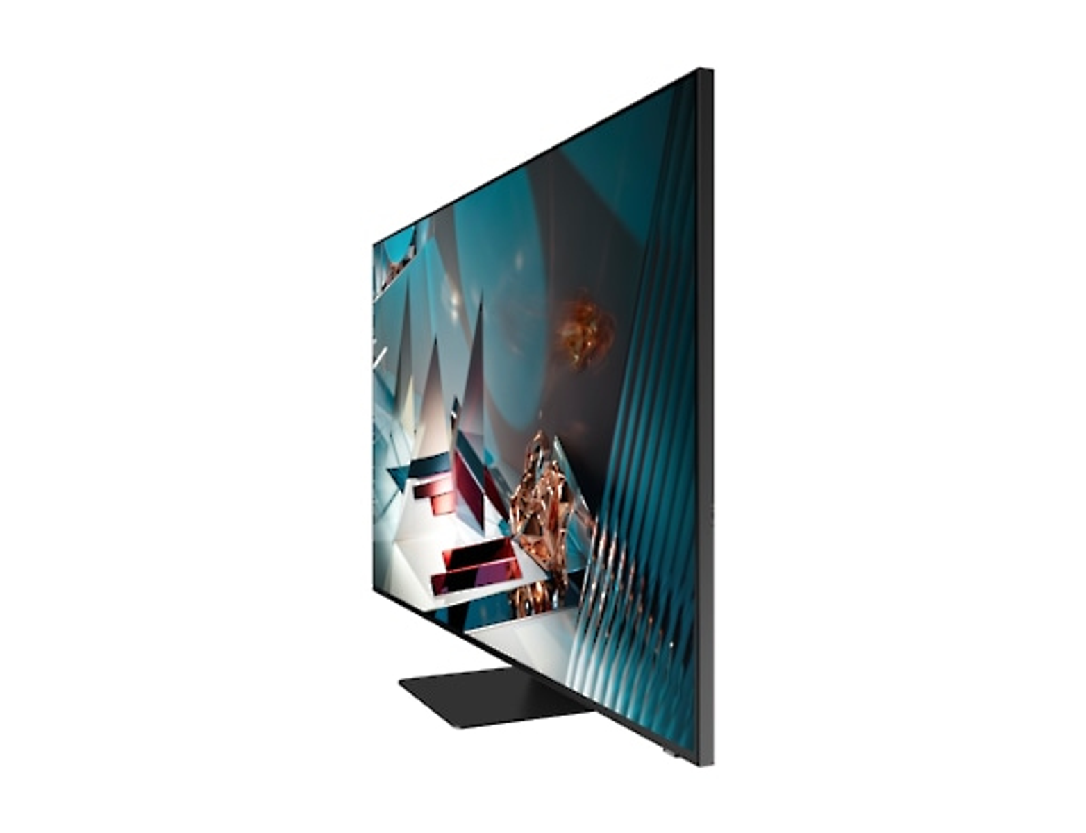 Un televisor de pantalla plana grande, vista en ángulo, sobre un fondo blanco. El televisor tiene un soporte.