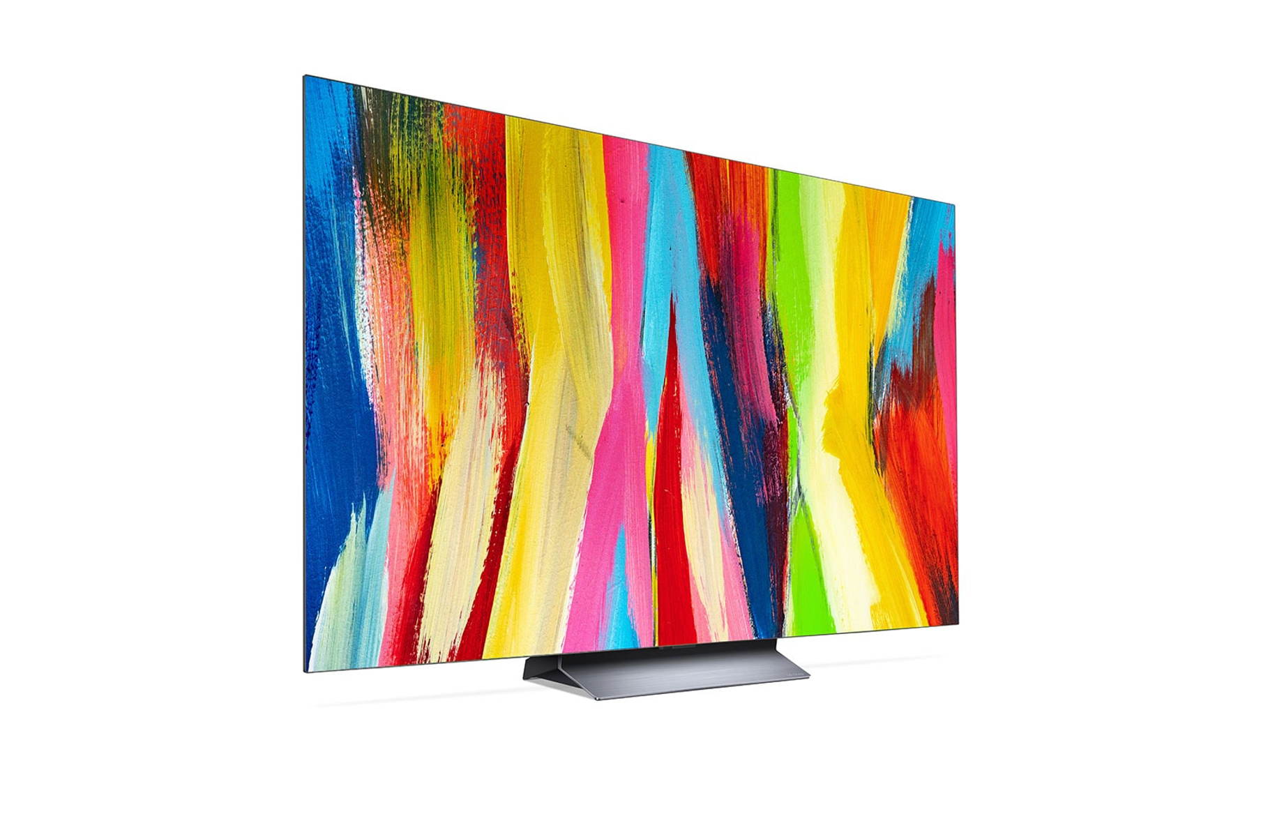 Un televisor moderno con arte abstracto colorido en la pantalla.