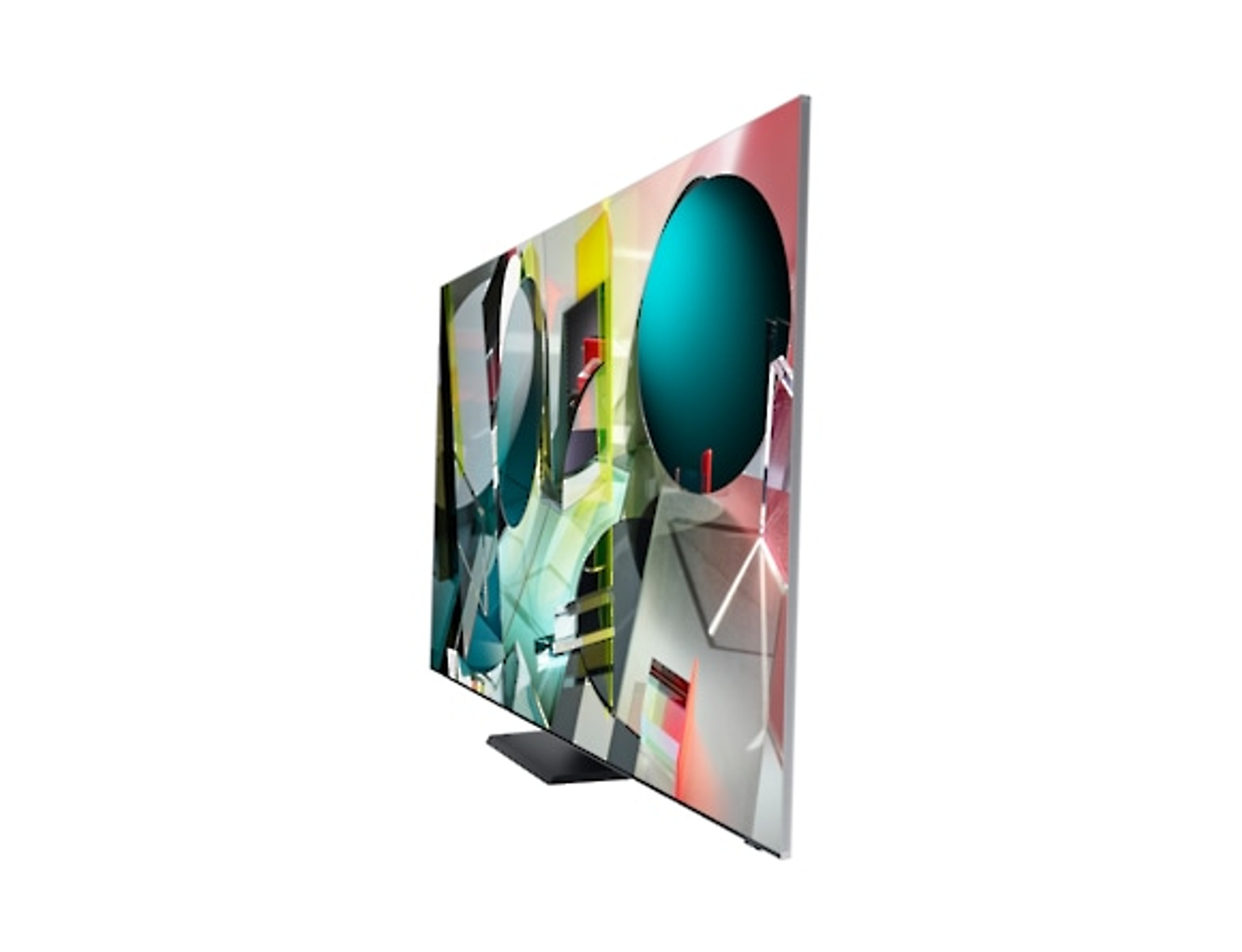 Un televisor con una pantalla colorida, con un soporte plateado, sobre un fondo blanco.
